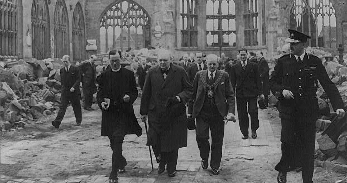 Winston Churchill Walks Through the Ruins of Coventry Cathedral