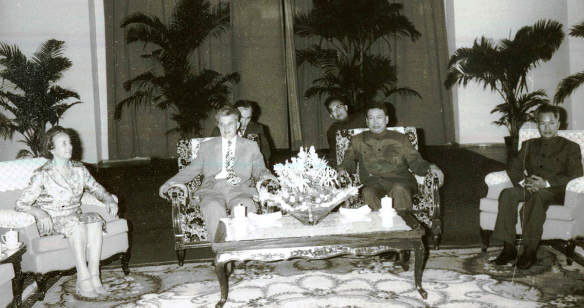 Romanian President Nicolae Ceaucescu and his wife, Elena, meeting with Cambodian Prime minister Pol Pot, and Cambodian President Khieu Samphan