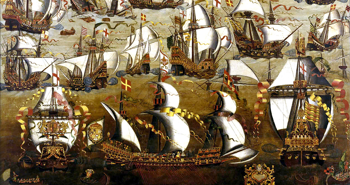 Spanish Armada and English ship in August 1588