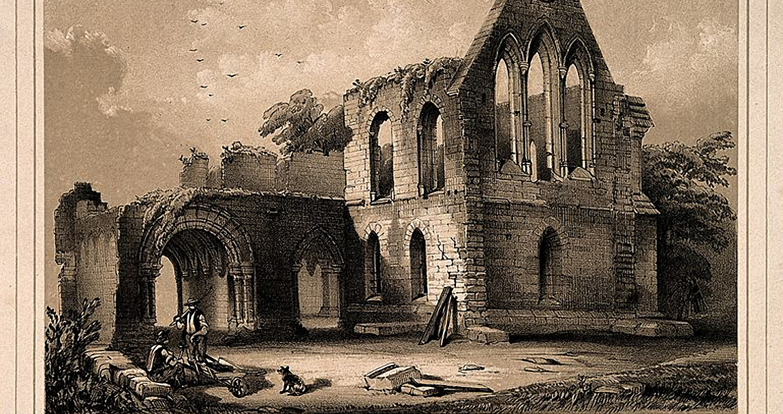 A litography of St Leonard's Hospital's ruins