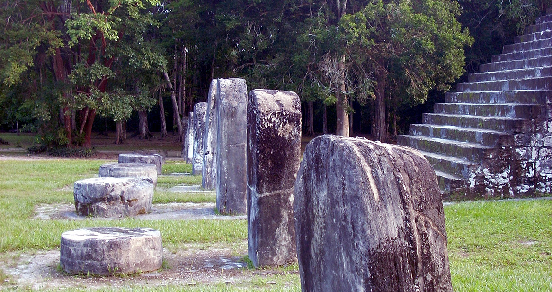 Row of stelae at the base of the east pyramid of Complex Q (a twin pyramid group) at Tikal, Guatemala.