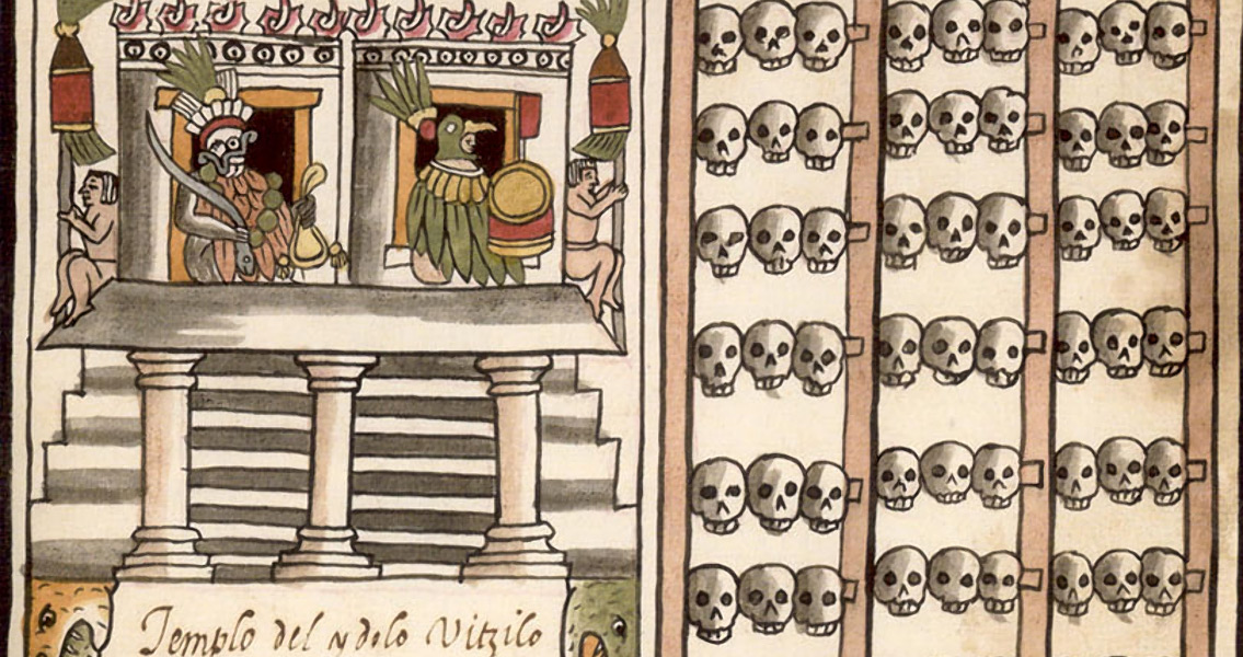 A drawing of a tzompantli from 1587 manuscript Codex Tovar