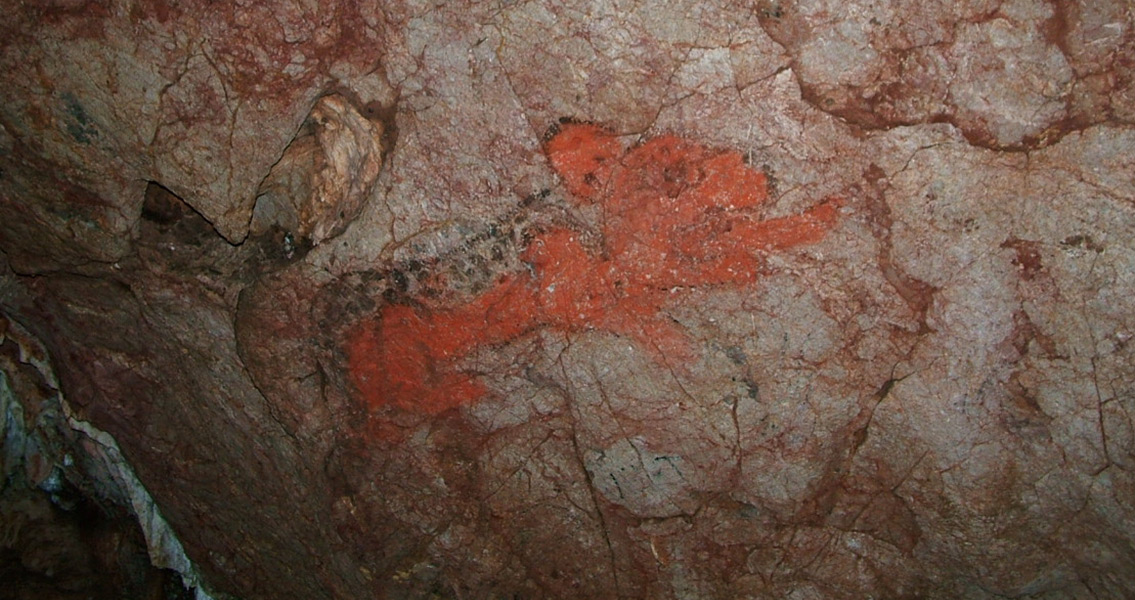 Painting of a red jaguar from the Juxtlahuaca Cave in Mexico