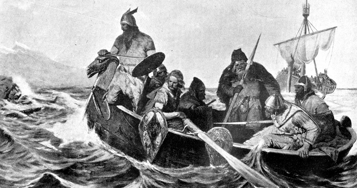A Black and White reproduction of a painting showing Norsemen in a ship (2)