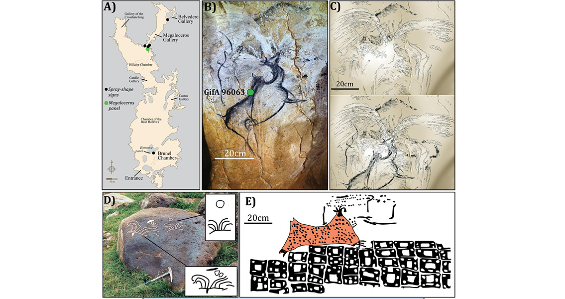 Example of a spray-shape sign from Chauvet-Pont d’Arc cave compared to the oldest known depictions of volcanic eruptions.